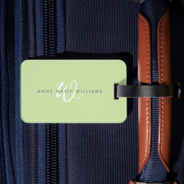 Modern Light Green White Script Monogram Luggage Tag (Back Insitu 2)