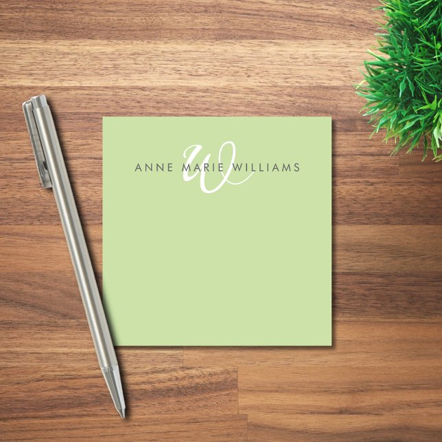 Modern Light Green White Script Monogram Post-it Notes (Creator Uploaded)