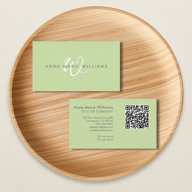 Modern Light Green White Script Monogram QR Code Business Card (Creator Uploaded)