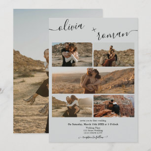 Modern light grey 6 photos grid collage wedding invitation