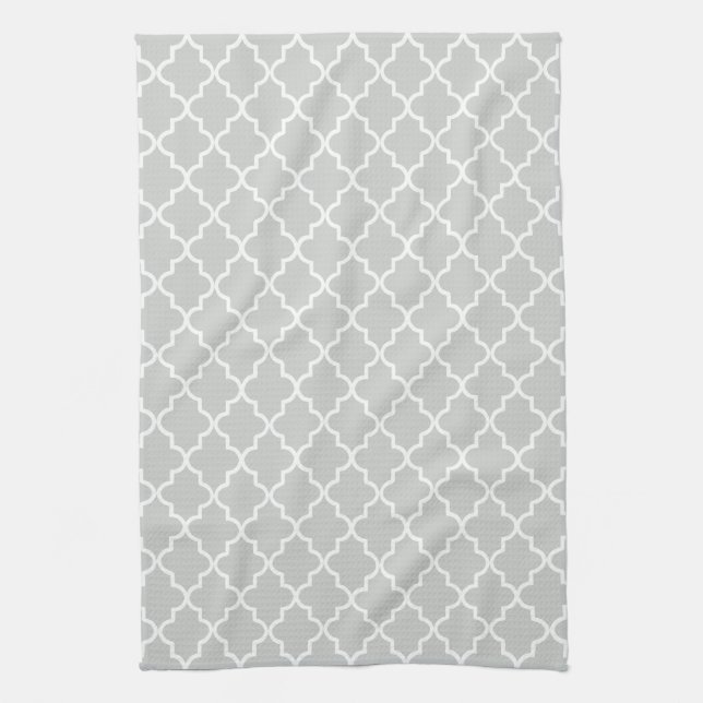 Modern Light Grey and White Moroccan Quatrefoil Tea Towel (Vertical)