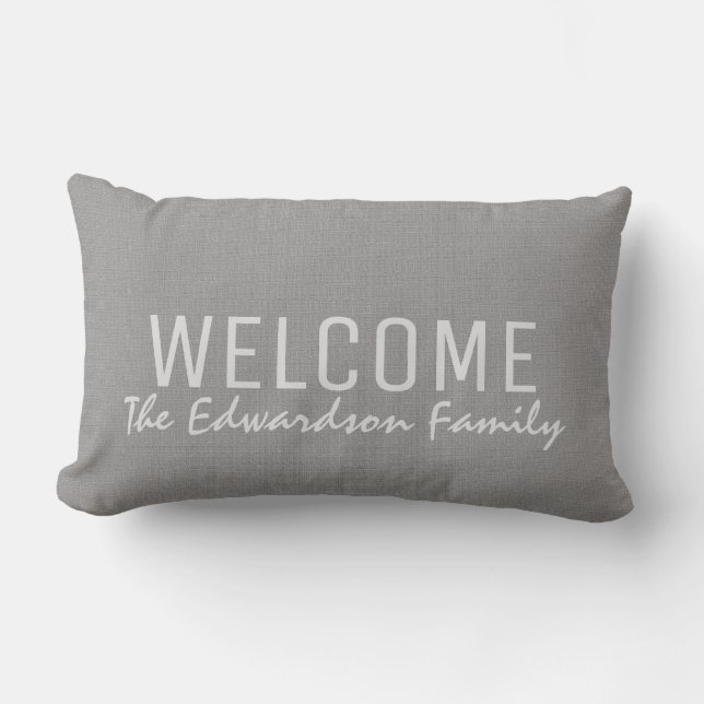 Modern light grey burlap Welcome Family monogram Lumbar Cushion (Front)