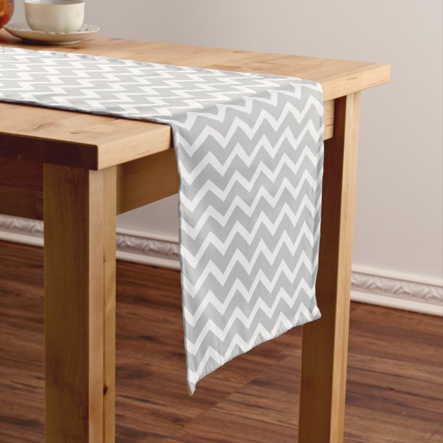 Modern Light Grey Chevron Stripes Pattern Short Table Runner (In Situ)