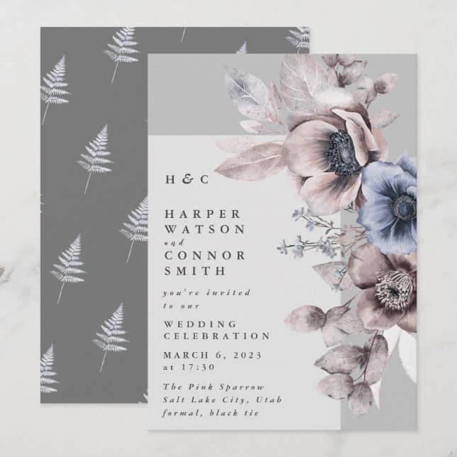 Modern Light Grey Dry Winter Floral Wedding Invitation (Front/Back)