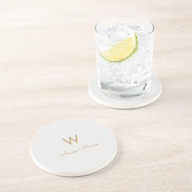 Modern Light Grey Gold Script Monogram Coaster (Side)