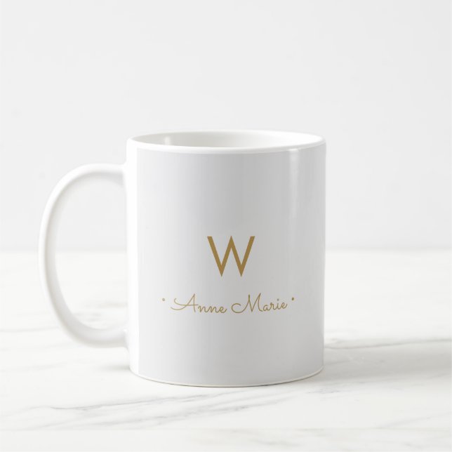 Modern Light Grey Gold Script Monogram Coffee Mug (Left)