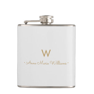 Modern Light Grey Gold Script Monogram Hip Flask