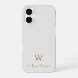Modern Light Grey Gold Script Monogram iPhone 16 Case
