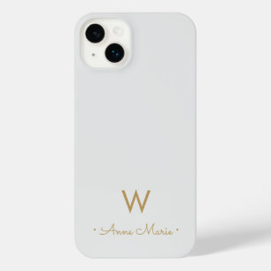 Modern Light Grey Gold Script Monogram iPhone 14 Plus Case