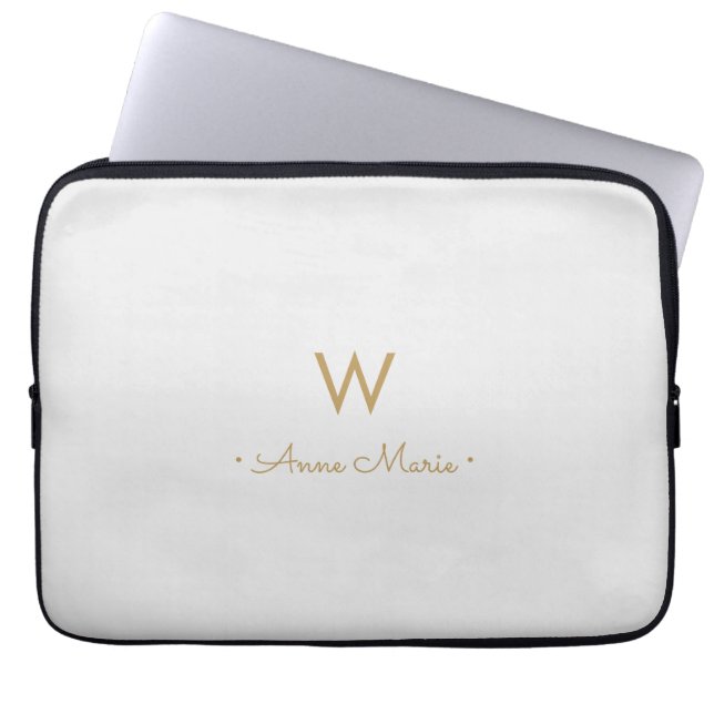 Modern Light Grey Gold Script Monogram Laptop Sleeve (Front)