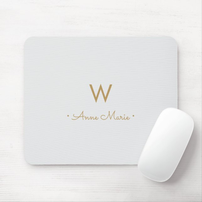 Modern Light Grey Gold Script Monogram Mouse Mat (With Mouse)