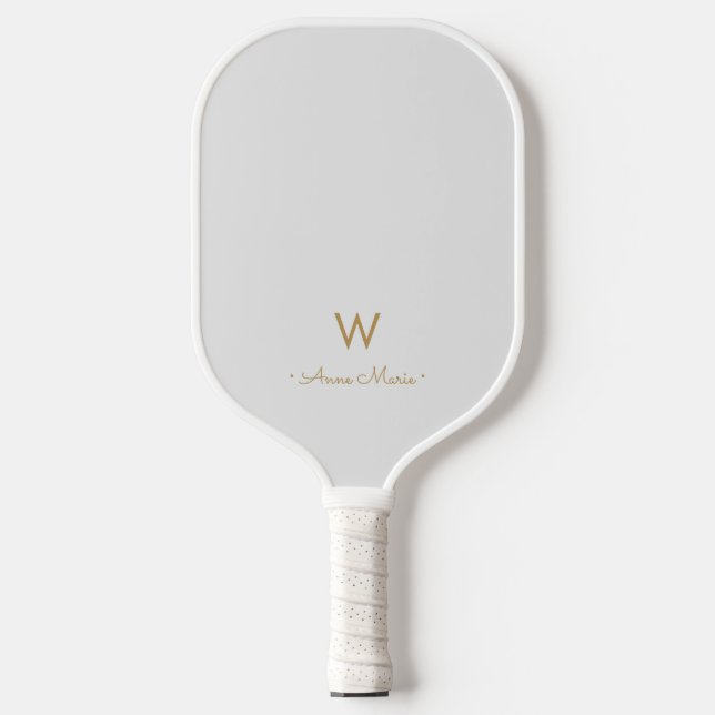 Modern Light Grey Gold Script Monogram Pickleball Paddle (Front)