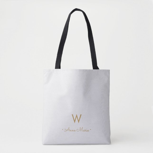 Modern Light Grey Gold Script Monogram Tote Bag (Front)