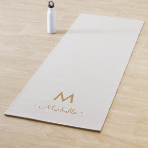 Modern Light Grey Gold Script Monogram Yoga Mat