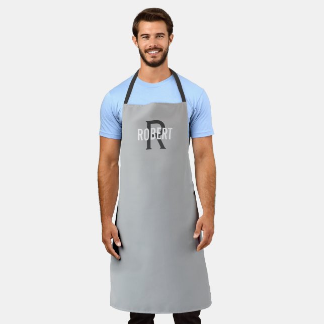 Modern light grey man monogram name apron (Worn)