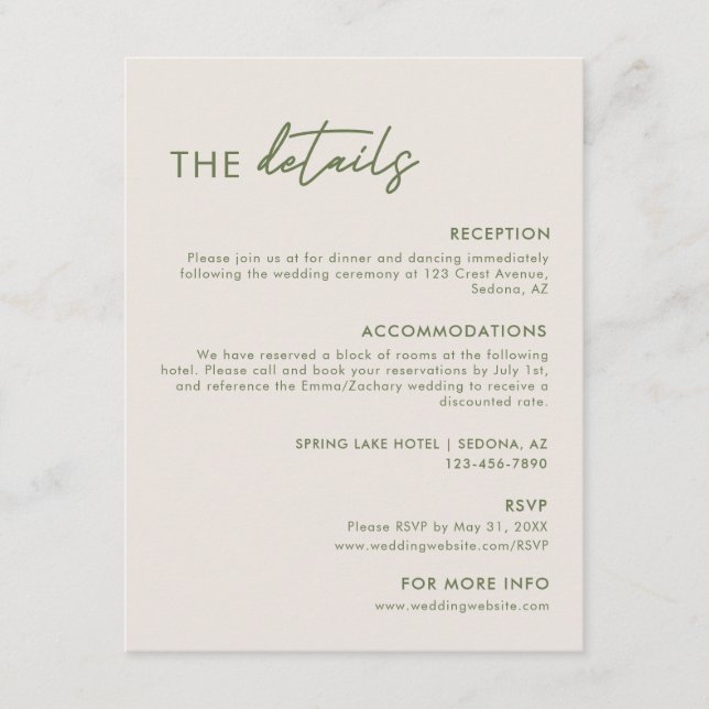 Modern Light Grey & Olive Green Wedding Details Enclosure Card (Front)