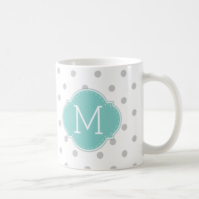 Modern Light Grey Polka-dots with Blue monogram Coffee Mug (Right)