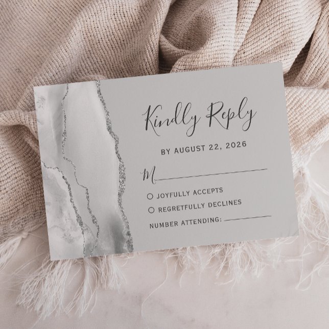 Modern Light Grey Silver Agate Wedding RSVP Card (Creator Uploaded)