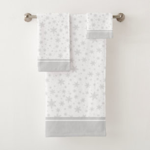 Modern Light Grey Snowflakes on White Bath Towel S