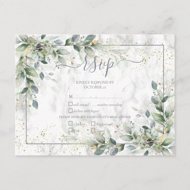 Modern Light Grey White Floral Gold Marble RSVP Invitation Postcard (Front)