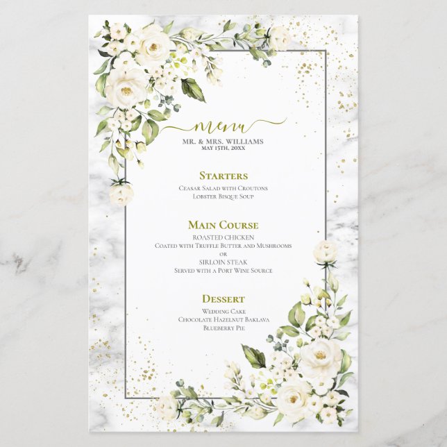 Modern Light Grey White Floral Gold Marble Wedding (Front)