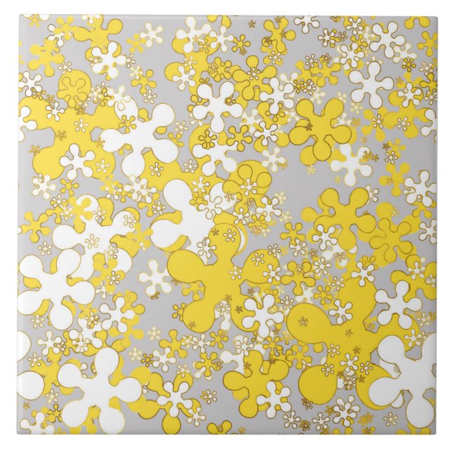 Modern light grey, white, mustard yellow, flower tile (Front)