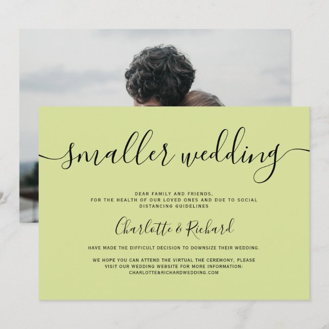 Modern light lime green smaller wedding photo announcement (Front/Back)