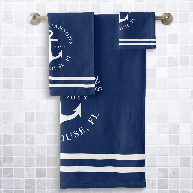 Modern Light Navy Blue White Nautical Anchor Bath Towel Set (Creator Uploaded)
