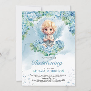 Modern Light pastel blue hydrangea boy angel Invitation