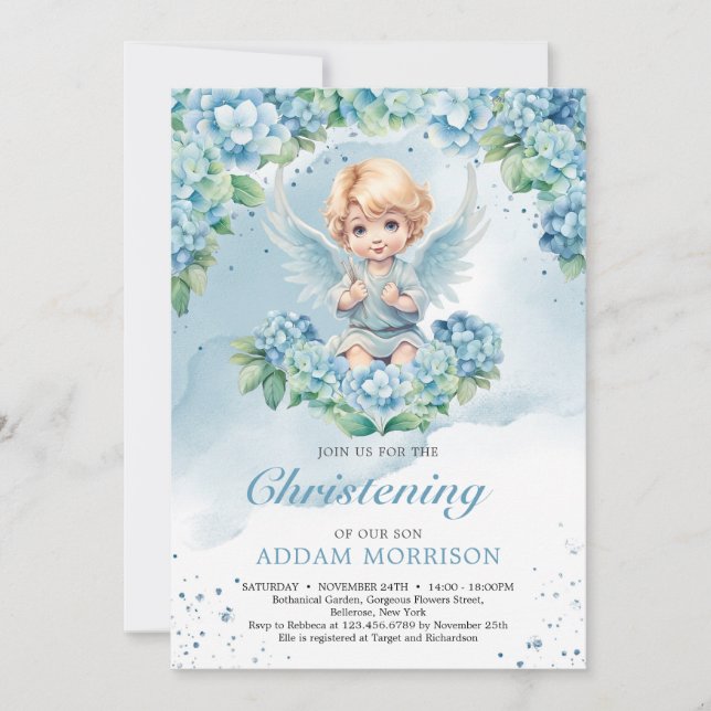 Modern Light pastel blue hydrangea boy angel  Invitation (Front)