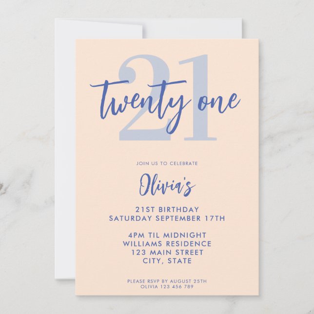 Modern Light Peach Blue Elegant 21st Birthday Invitation (Front)