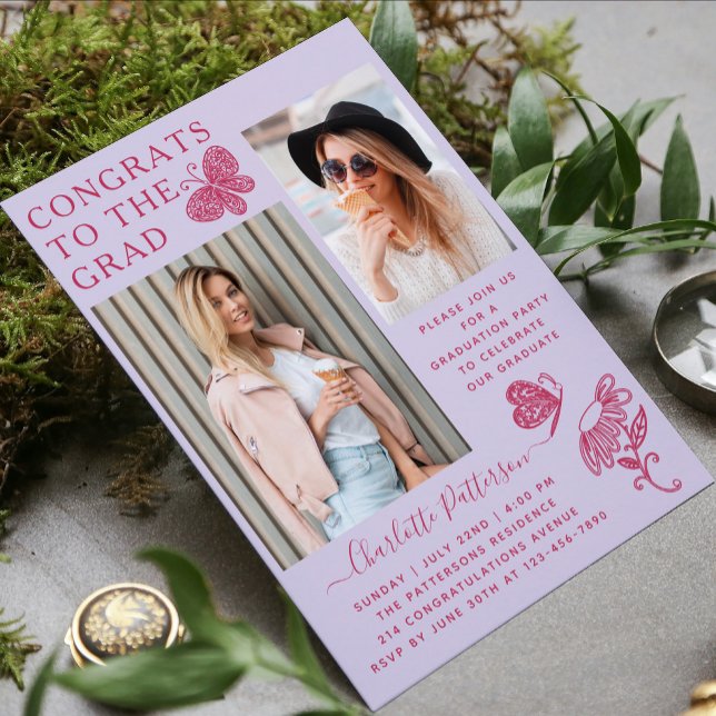Modern Light Pink Butterfly Photo Graduation Party Invitation (Creator Uploaded)