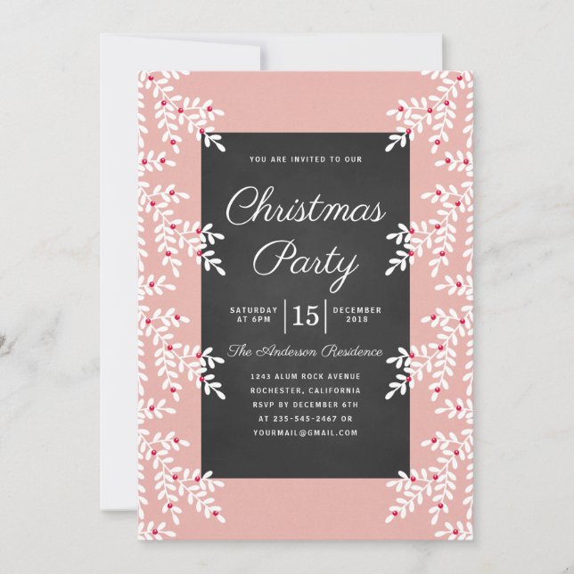 Modern Light Pink Christmas Party Chalkboard Invitation (Front)