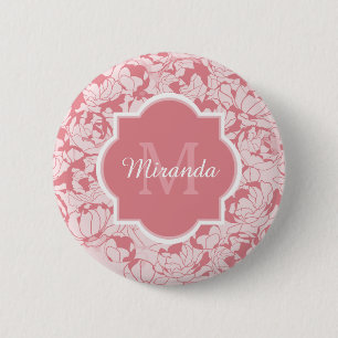 Modern Light Pink Floral Girly Monogram With Name 6 Cm Round Badge