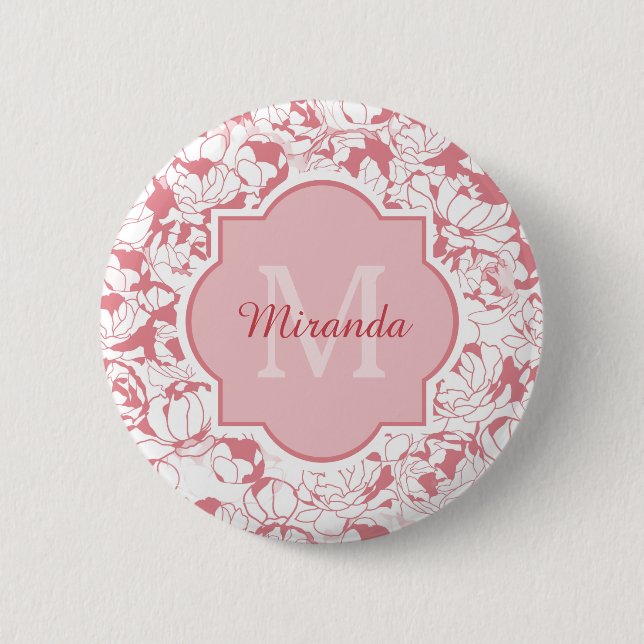 Modern Light Pink Floral Girly Monogram With Name 6 Cm Round Badge (Front)