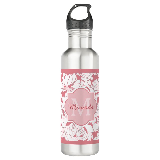 Modern Light Pink Floral Girly Monogram With Name 710 Ml Water Bottle (Front)