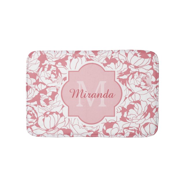 Modern Light Pink Floral Girly Monogram With Name Bath Mat (Front)