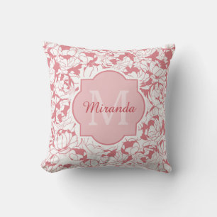 Modern Light Pink Floral Girly Monogram With Name Cushion