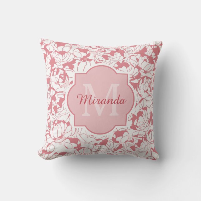 Modern Light Pink Floral Girly Monogram With Name Cushion (Front)