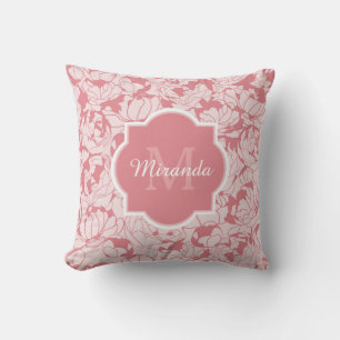 Modern Light Pink Floral Girly Monogram With Name Cushion