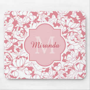 Modern Light Pink Floral Girly Monogram With Name Mouse Mat