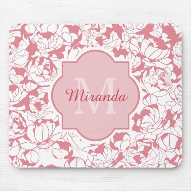 Modern Light Pink Floral Girly Monogram With Name Mouse Mat (Front)