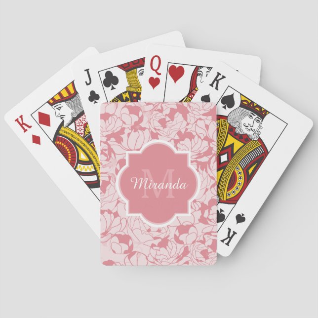 Modern Light Pink Floral Girly Monogram With Name Playing Cards (Back)