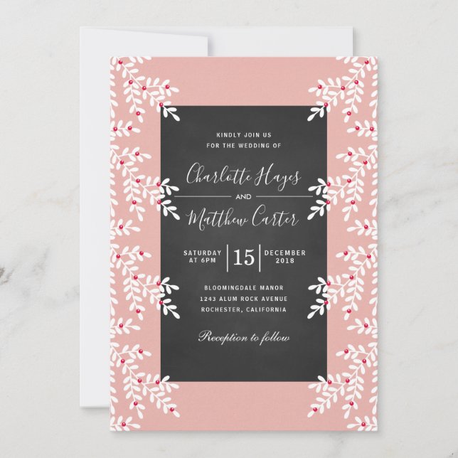 Modern Light Pink Winter Wedding Chalkboard Invitation (Front)