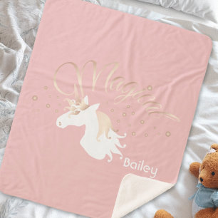 Modern Light Rose Pink White Magical Unicorn Girl Sherpa Blanket