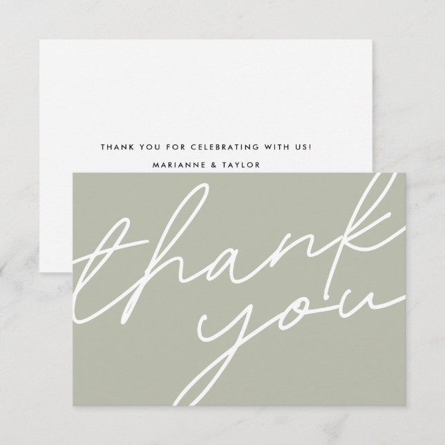 Modern Light Sage Green Calligraphy Script Wedding Thank You Card (Front/Back)