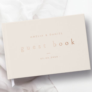 Modern light tan brown wedding names and date real guest book