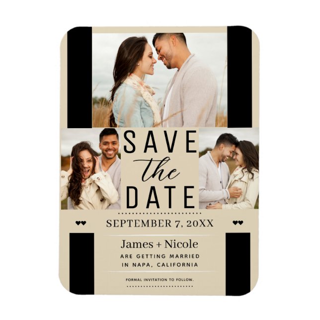 Modern Light Tan Save the Date 3 Photo Wedding  Magnet (Vertical)