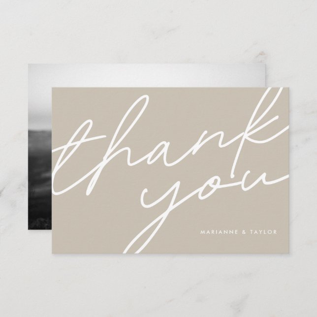 Modern Light Taupe Brown Calligraphy Wedding Photo Thank You Card (Front/Back)