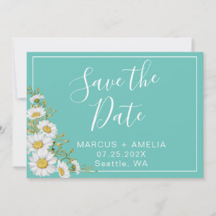 Modern  Light Teal & White Daisies  Save The Date